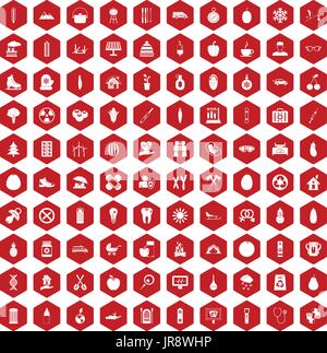 100 child health icons hexagon red Stock Vector
