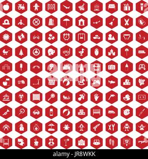 100 childhood icons hexagon red Stock Vector