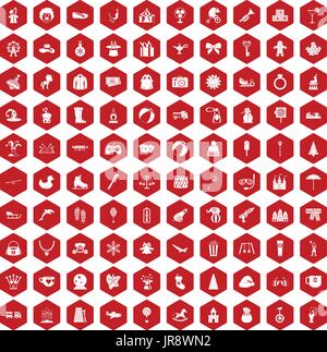 100 children icons hexagon red Stock Vector