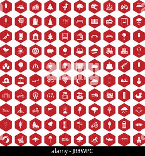100 childrens park icons hexagon red Stock Vector