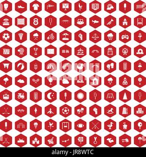 100 childrens playground icons hexagon red Stock Vector