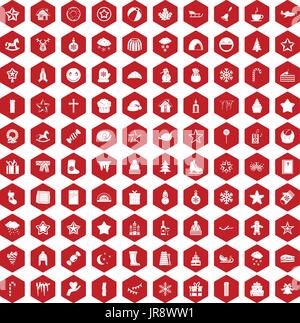 100 christmas icons hexagon red Stock Vector