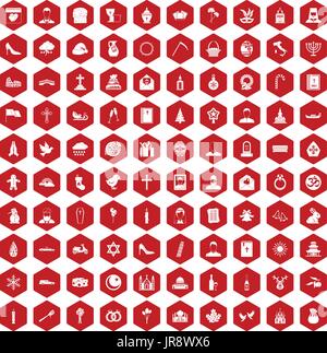 100 church icons hexagon red Stock Vector