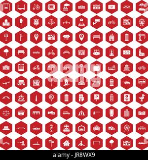 100 city icons hexagon red Stock Vector