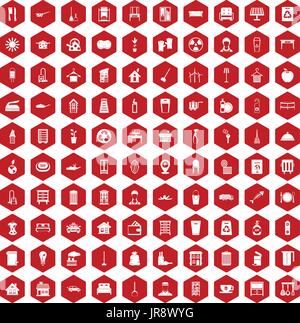 100 cleaning icons hexagon red Stock Vector