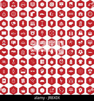 100 clock icons hexagon red Stock Vector