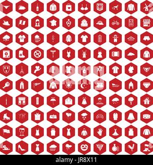 100 clothing icons hexagon red Stock Vector