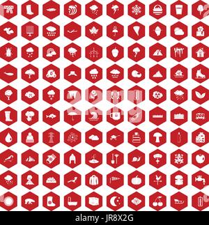 100 clouds icons hexagon red Stock Vector