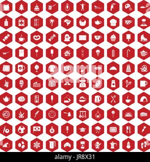 100 coffee icons hexagon red Stock Vector