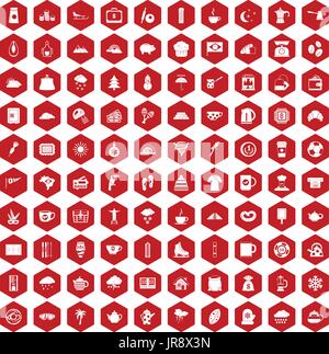 100 coffee cup icons hexagon red Stock Vector