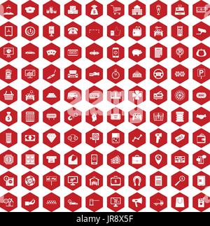 100 coin icons hexagon red Stock Vector