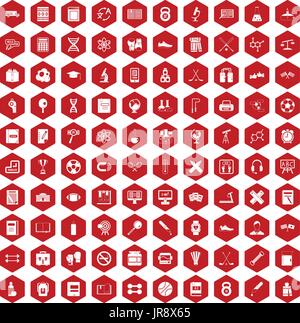 100 college icons hexagon red Stock Vector