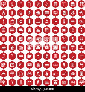 100 comfortable house icons hexagon red Stock Vector