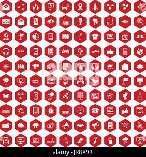 100 communication icons hexagon red Stock Vector
