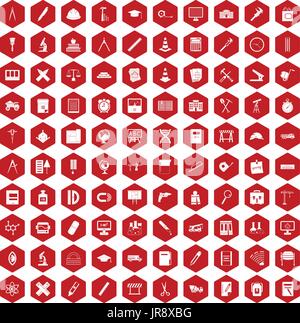 100 compass icons hexagon red Stock Vector