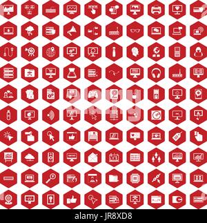 100 computer icons hexagon red Stock Vector