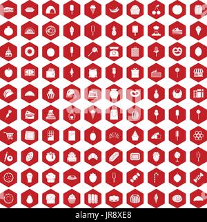 100 confectionery icons hexagon red Stock Vector