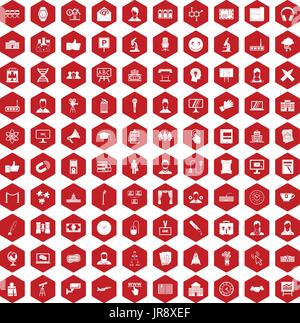 100 conference icons hexagon red Stock Vector
