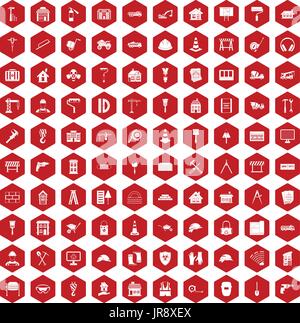 100 construction icons hexagon red Stock Vector