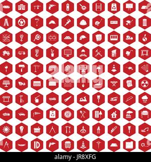 100 construction site icons hexagon red Stock Vector