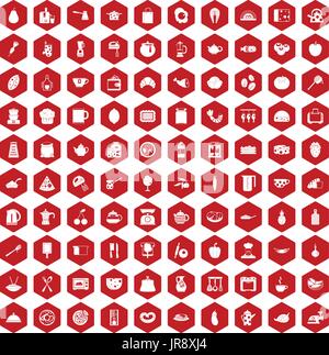 100 cooking icons hexagon red Stock Vector