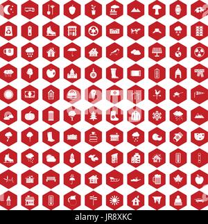 100 country house icons hexagon red Stock Vector