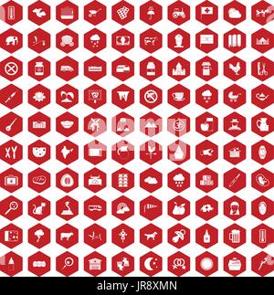 100 cow icons hexagon red Stock Vector