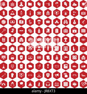100 crime icons hexagon red Stock Vector