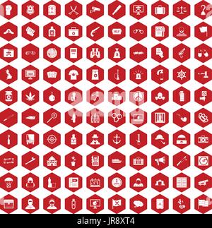 100 crime investigation icons hexagon red Stock Vector