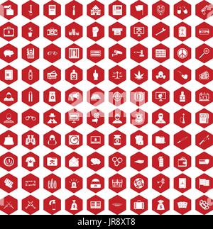100 criminal offence icons hexagon red Stock Vector