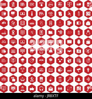 100 cyber security icons hexagon red Stock Vector