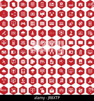 100 database and cloud icons hexagon red Stock Vector