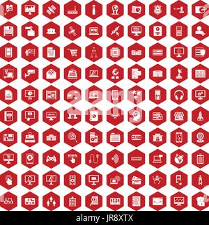 100 database icons hexagon red Stock Vector