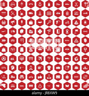 100 delivery icons hexagon red Stock Vector