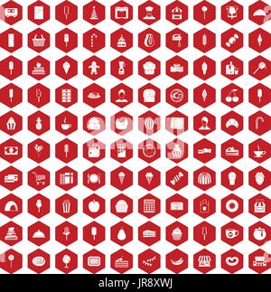 100 dessert icons hexagon red Stock Vector