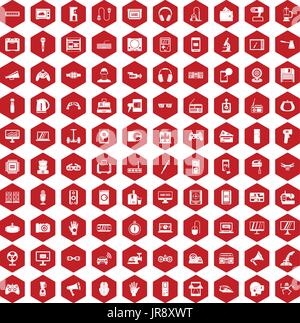 100 device app icons hexagon red Stock Vector