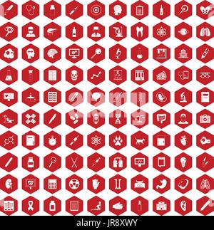 100 diagnostic icons hexagon red Stock Vector