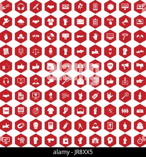 100 different gestures icons hexagon red Stock Vector