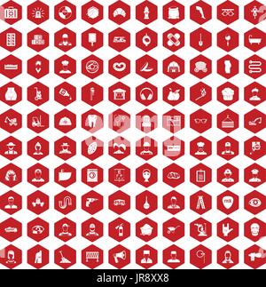 100 different professions icons hexagon red Stock Vector