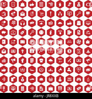 100 digital marketing icons hexagon red Stock Vector