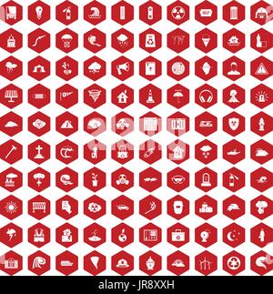 100 disaster icons hexagon red Stock Vector