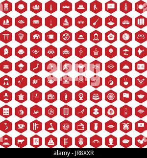 100 dish icons hexagon red Stock Vector