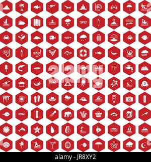 100 diving icons hexagon red Stock Vector