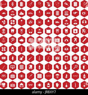 100 doctor icons hexagon red Stock Vector