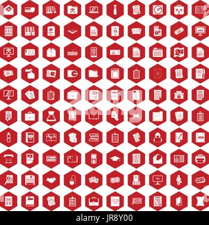 100 document icons hexagon red Stock Vector