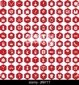 100 dress icons hexagon red Stock Vector