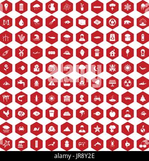 100 earth icons hexagon red Stock Vector