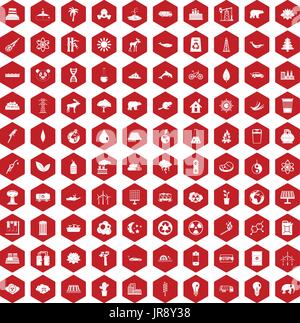 100 eco icons hexagon red Stock Vector