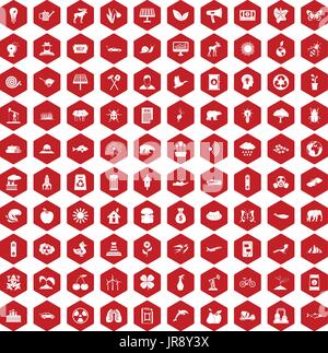 100 eco care icons hexagon red Stock Vector