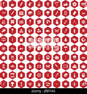 100 eco design icons hexagon red Stock Vector